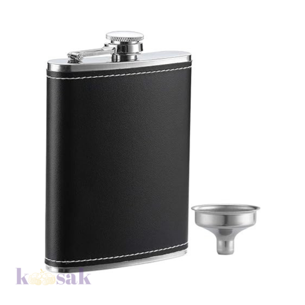 Stainless Steel & Black Leather Flask with Funnel