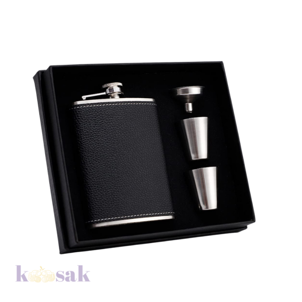 Stainless Steel Black Leather Flask 4 pcs Set